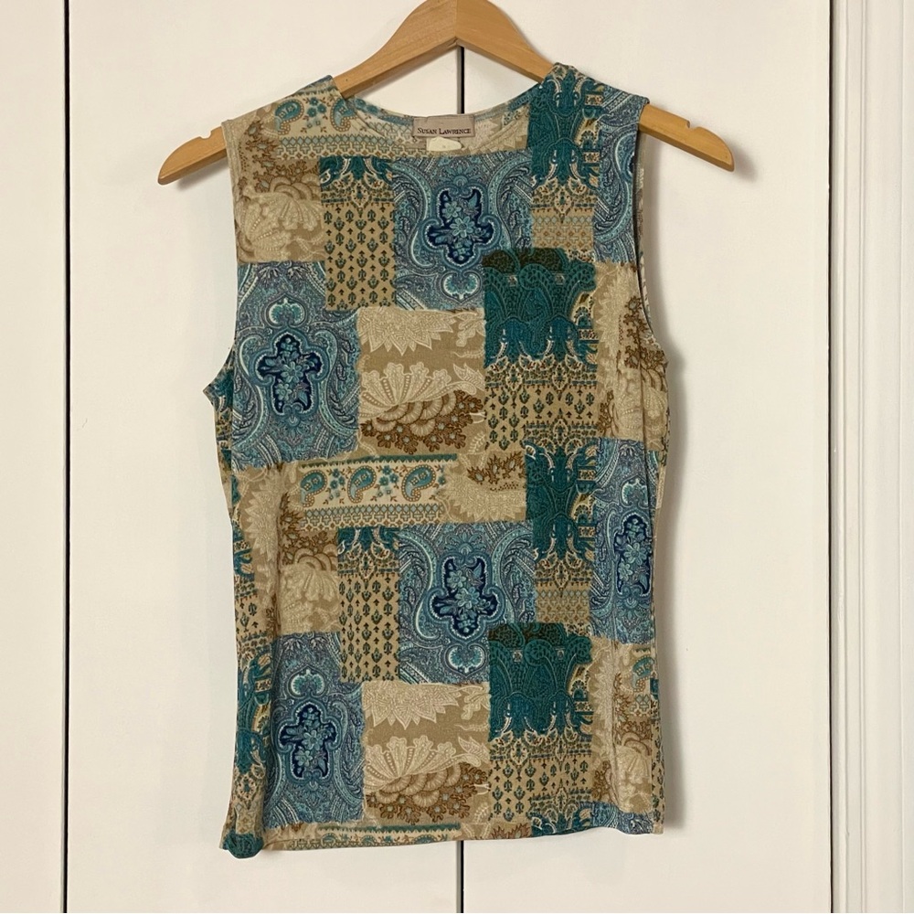 Vintage 90s Y2K Womens Blue Tan Patchwork Print Stretchy Sleeveless Top Medium
